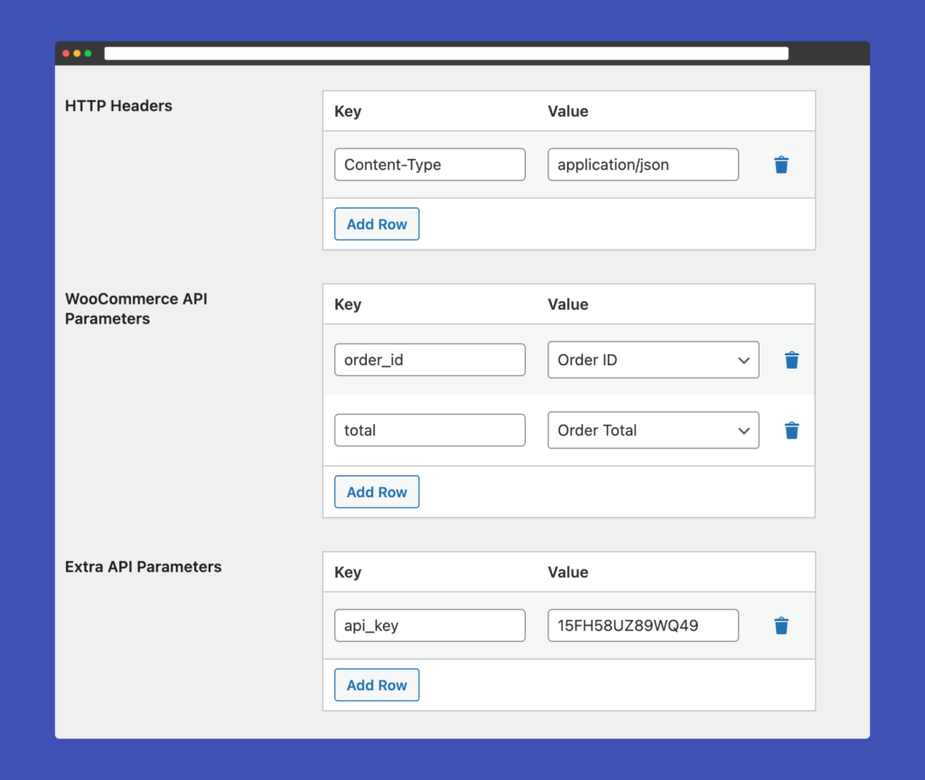 HTTP Headers, WooCommerce API Parameters, and Extra API Parameters. 