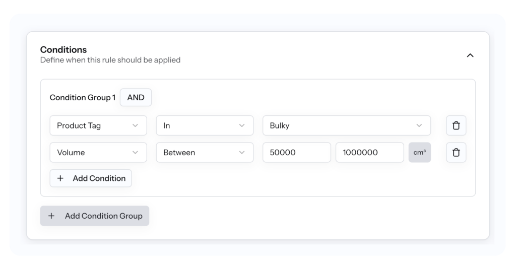 Rule configuration showing Product Tag + Volume condition