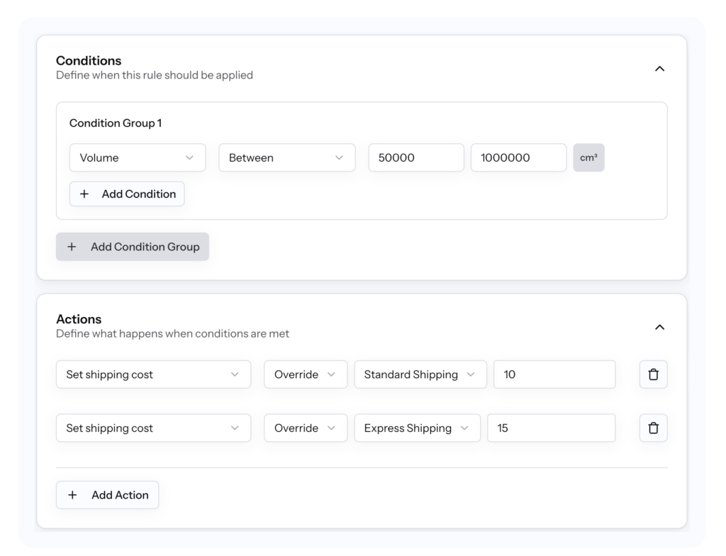 Instead of choosing between weight or flat rates, you define rules based on volume, dimensions, and context—then calculate a shipping rate dynamically.