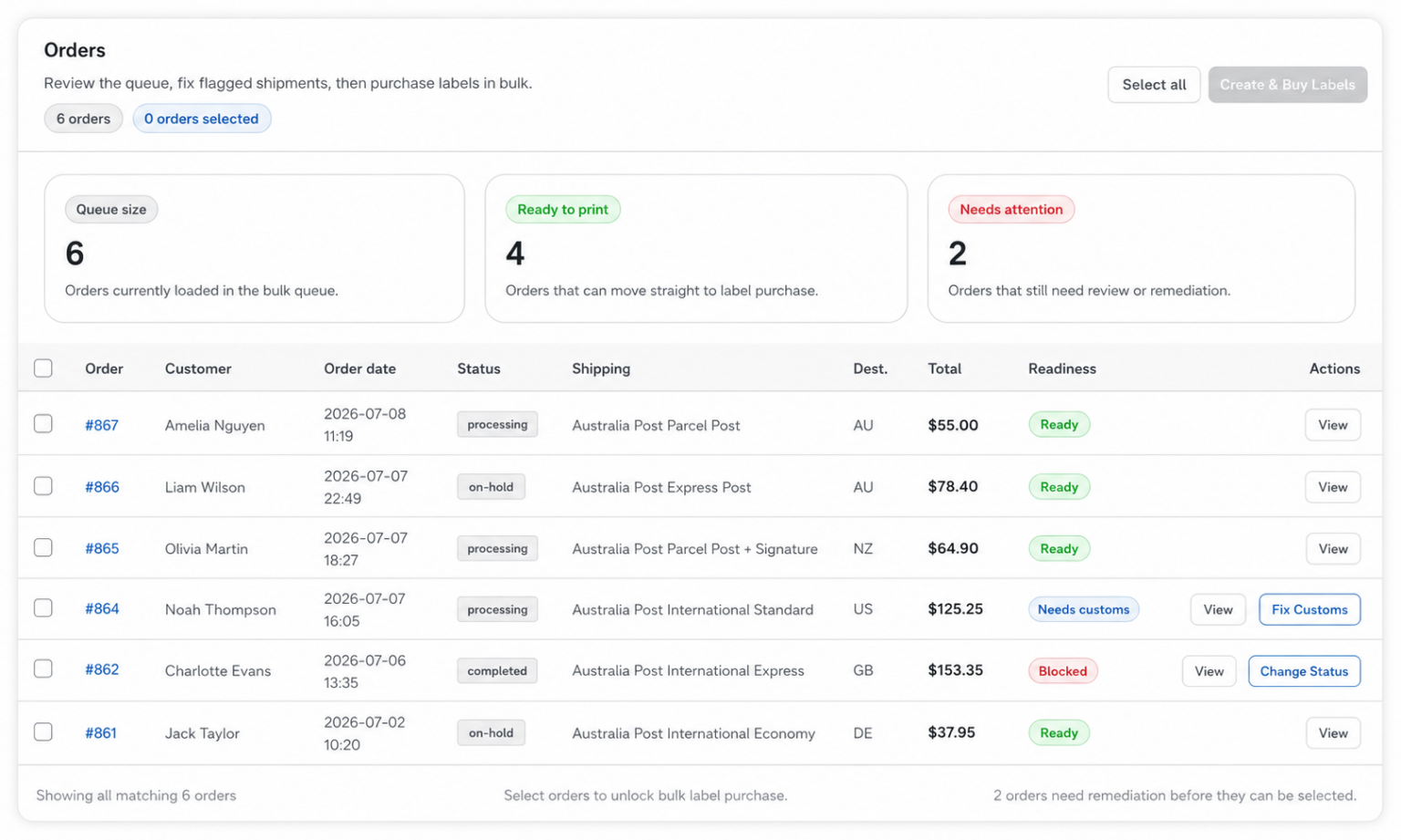 Bulk Labels Orders interface in Australia Post Centre