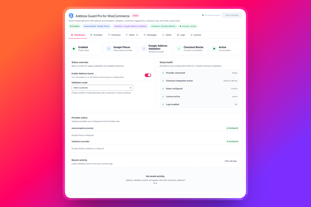 Address Guard Pro for WooCommerce dashboard]