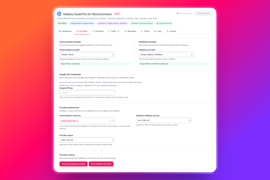 Google Places and Google Address Validation providers in Address Guard Pro