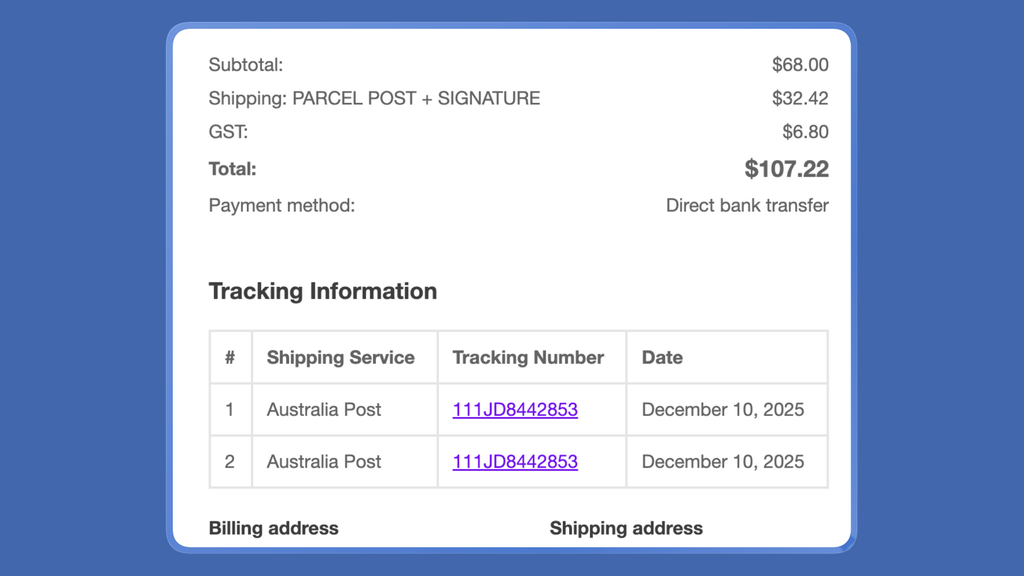 WooCommerce Completed email with Australia Post tracking